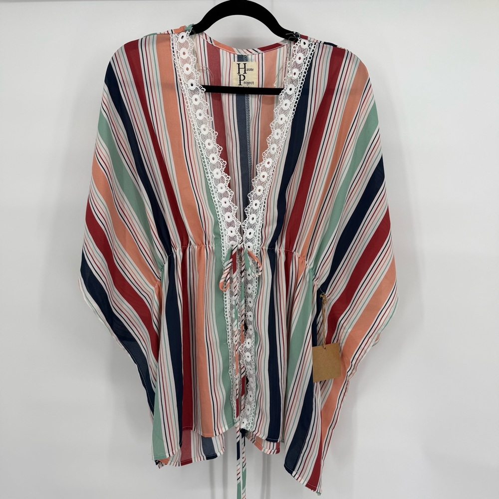 Haute Project Los Angeles Striped Kimono Top Lace‎ Trim Tie Waist Boho 1XL
